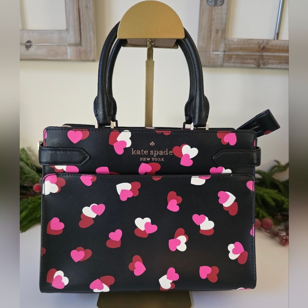 Kate Spade Medium Staci Flutter Hearts Satchel-Crossbody Black Saffiano Leather